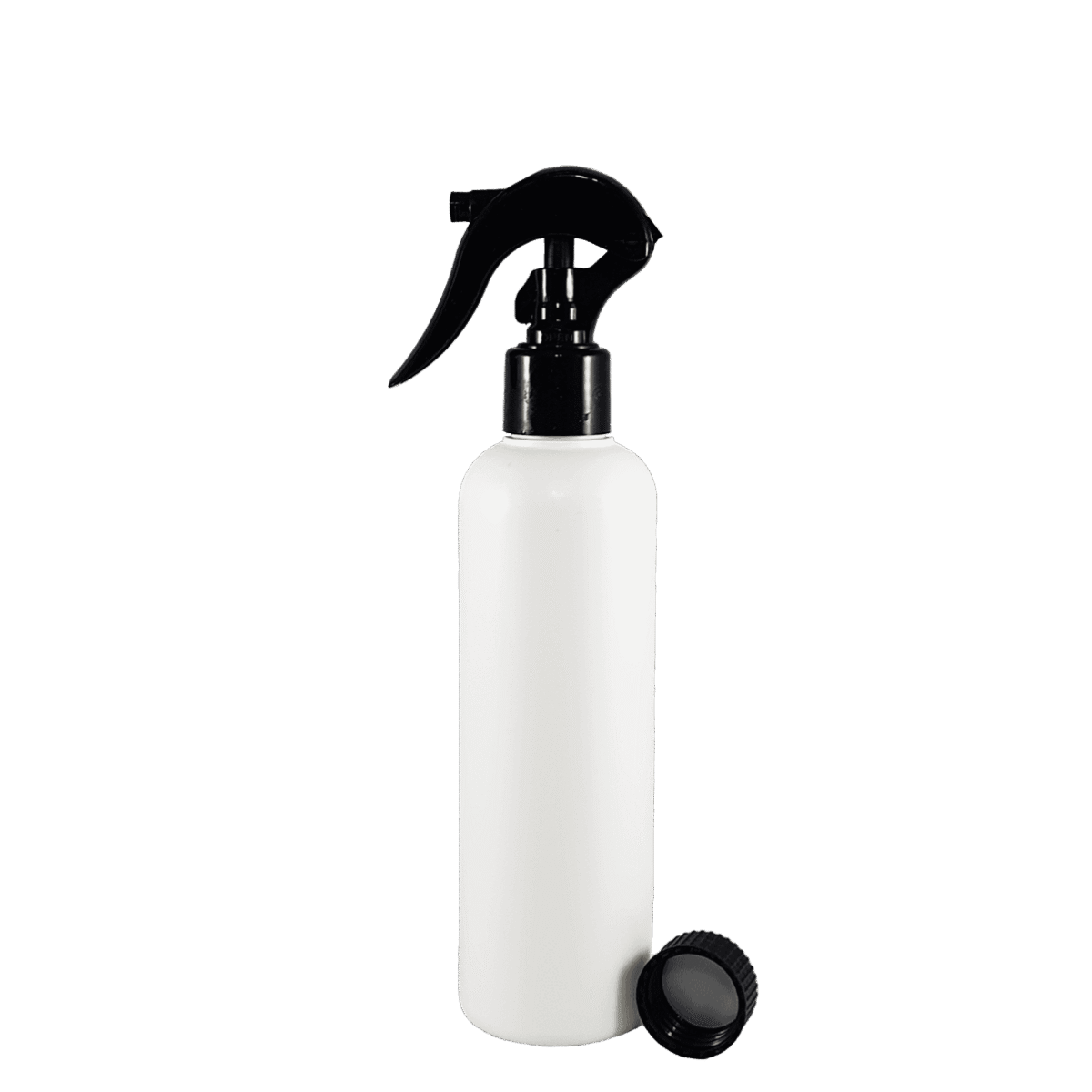 HDPE Bottle 250ml with Trigger Sprayer baltas HDPE buteliukas su juodu purkštuku ir dangteliu