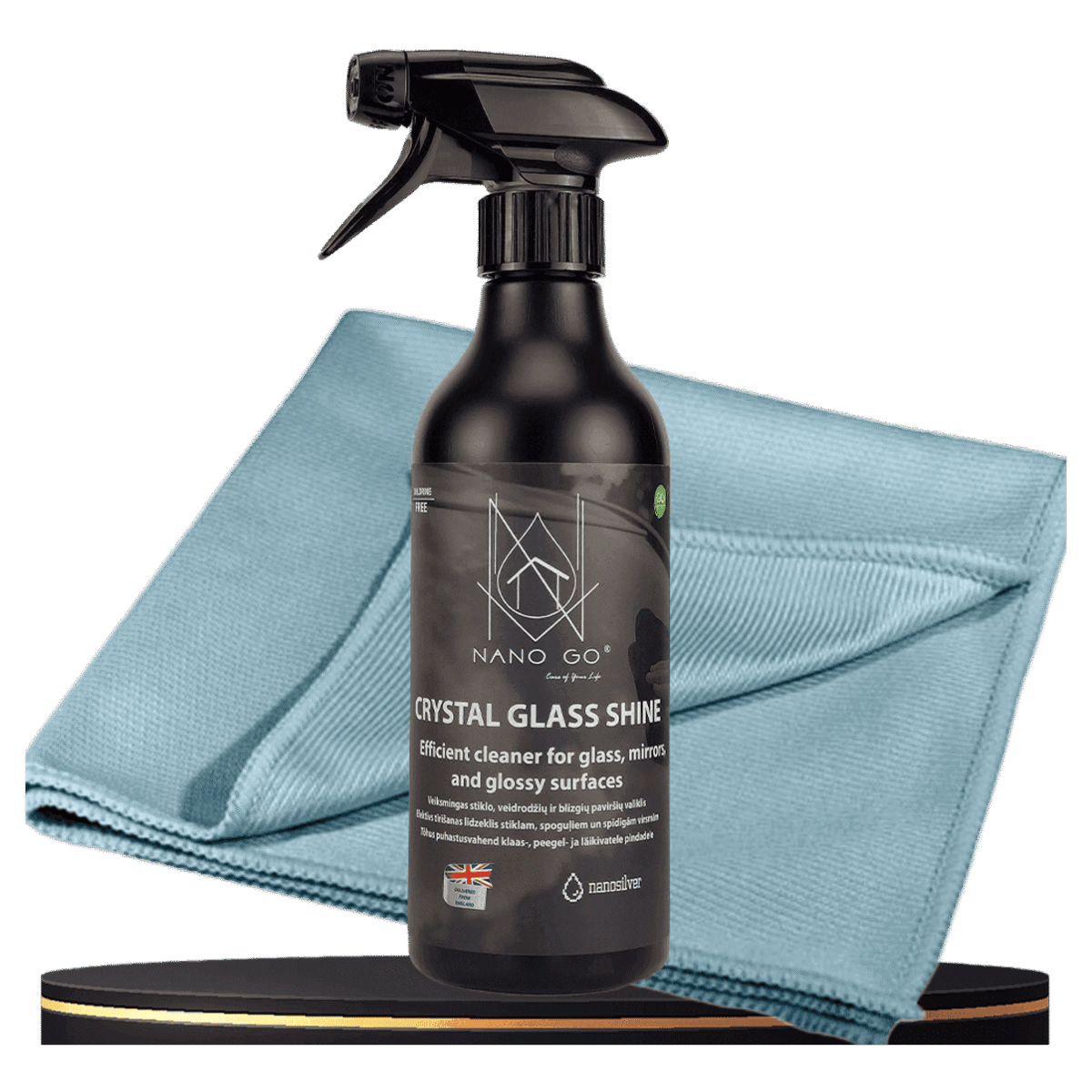 NANO GO Crystal Glass Shine stiklo valiklio rinkinys butelis su purkštuvu ir mikropluošto šluostė stiklui