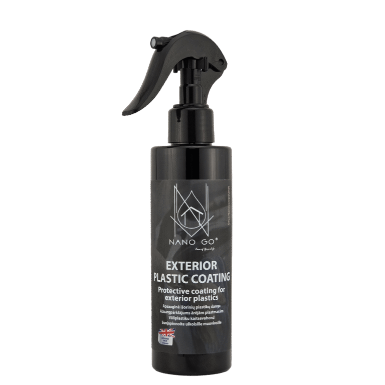 NANO GO eksterjero plastikų matinė apsauginė nano danga - išorės plastikų ir gumos apsauga | 200ml su purkštuku NANO GO eksterjero plastikų matinė apsauginė nano danga išorės plastikų ir gumos apsaugai, butelys su purkštuku 200ml