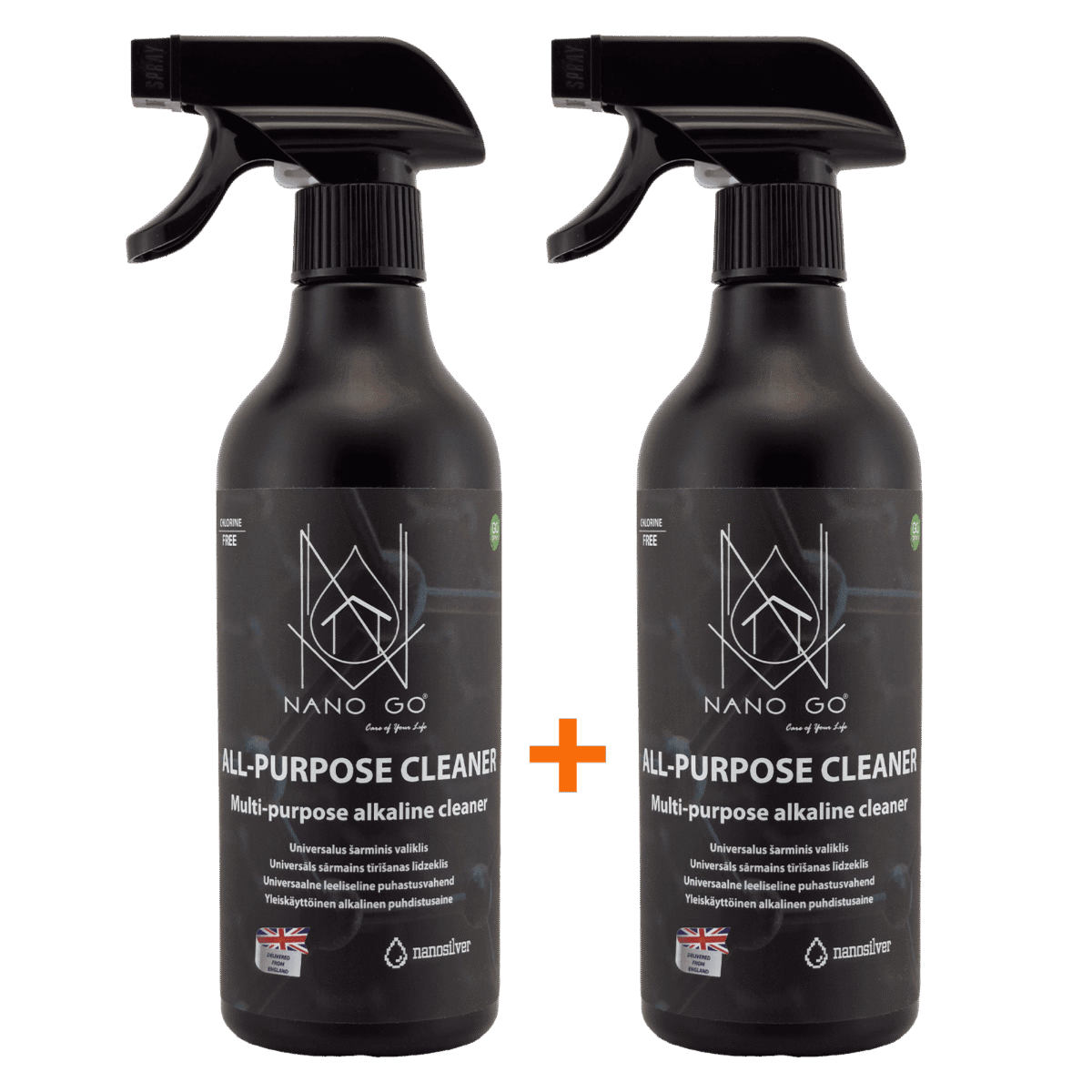 NANO GO All-Purpose Cleaner universalus valiklis su nanosidabru 2×500ml NANO GO All-Purpose Cleaner du juodi buteliai su purkštukais 2×500ml