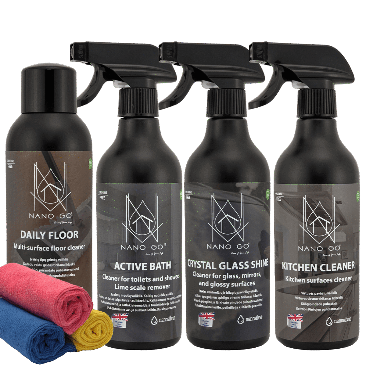 NANO GO Home Care Kit four black bottles Daily Floor Active Bath Crystal Glass Shine Kitchen Cleaner and three microfiber cloths