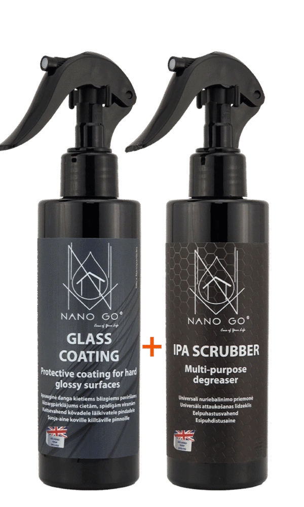 NANO GO Glass Coating and IPA Scrubber two black bottles with trigger sprayers 2×200ml