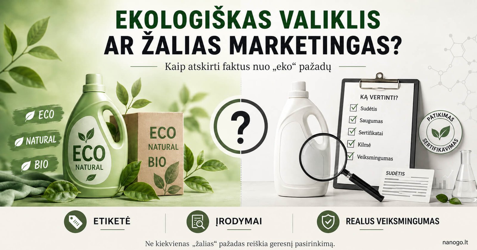 Ekologiško valiklio ir žalio marketingo palyginimas: etiketė, įrodymai, sudėtis ir realus veiksmingumas