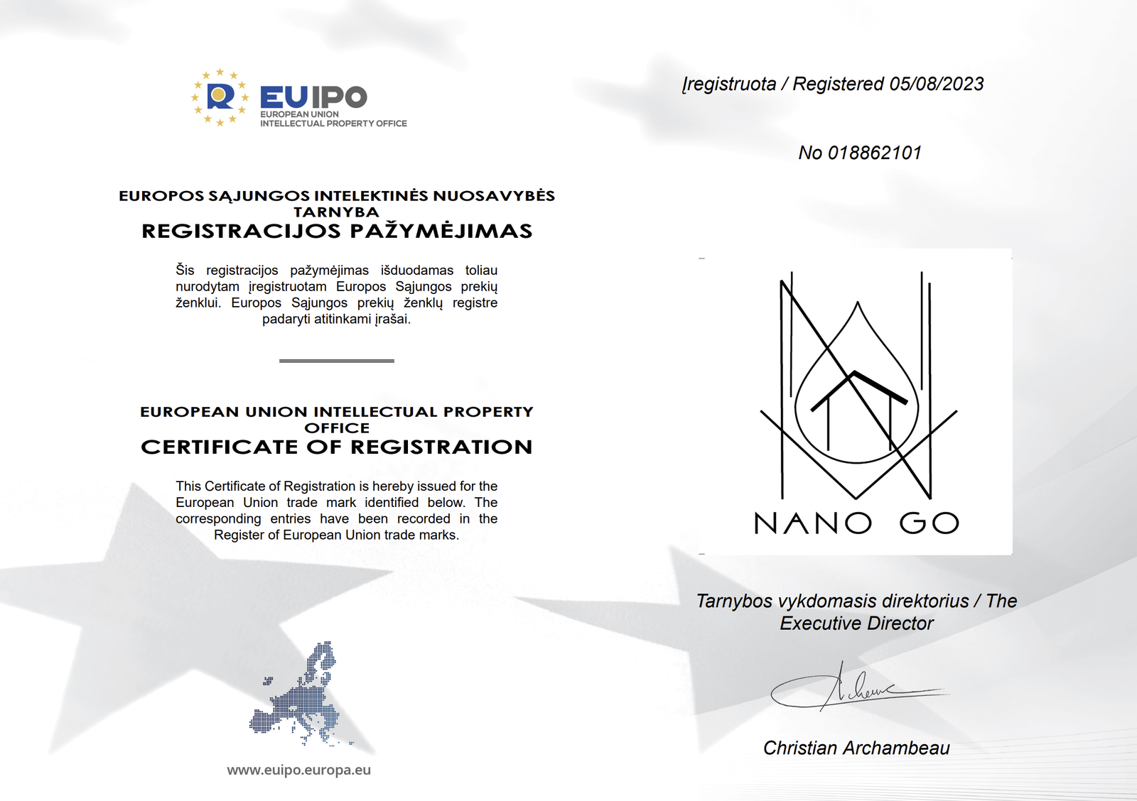 NANO GO grafinio prekių ženklo EUIPO registracijos sertifikatas Nr. 018862101