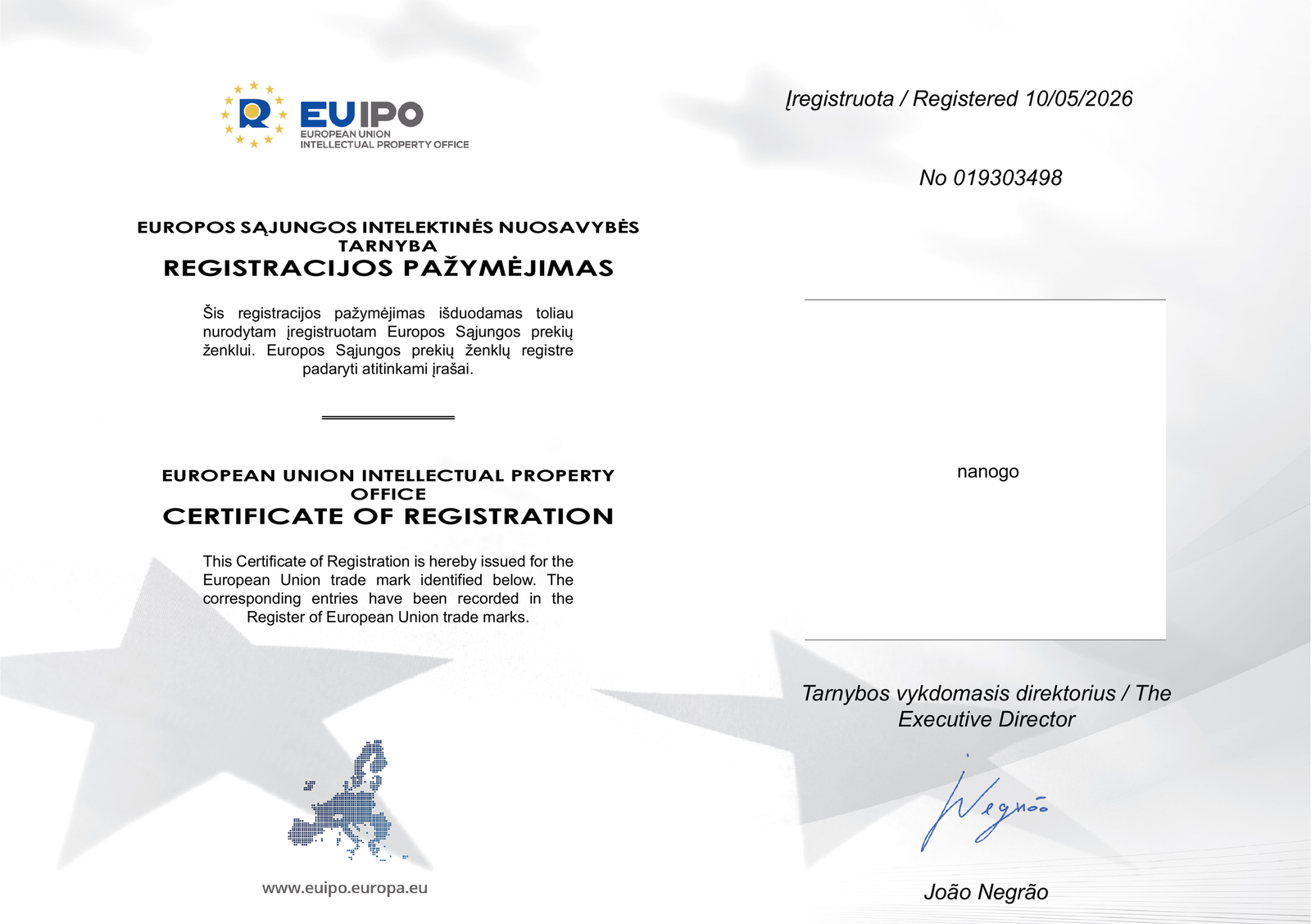 nanogo žodinio prekių ženklo EUIPO registracijos sertifikatas Nr. 019303498