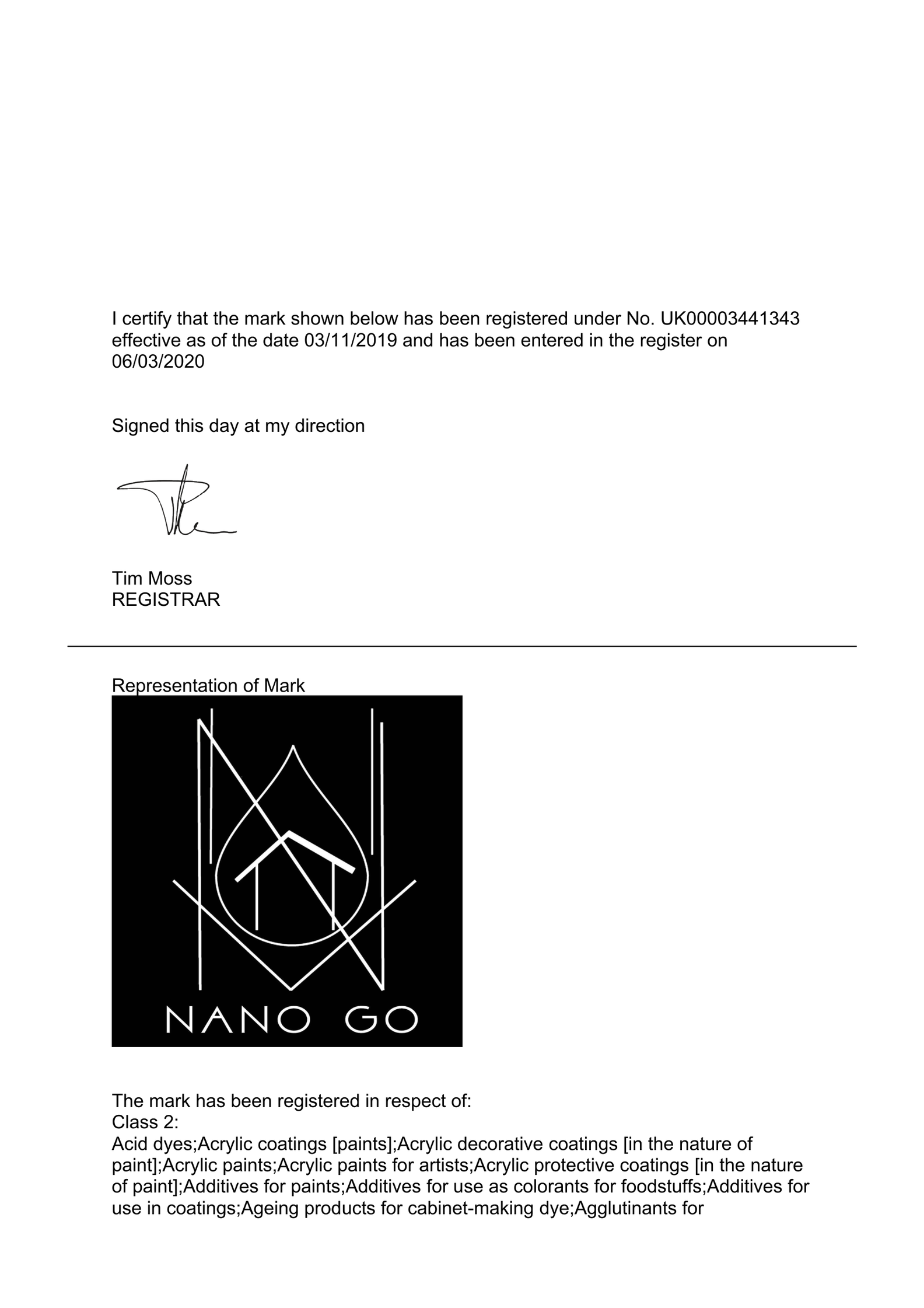 nanogo NANO GO grafinio prekių ženklo Jungtinės Karalystės registracijos sertifikatas Nr. UK00003441343
