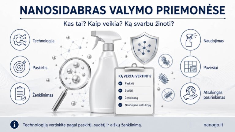 Informacinė iliustracija apie nanosidabrą valymo priemonėse: kas tai, kaip veikia ir ką svarbu žinoti