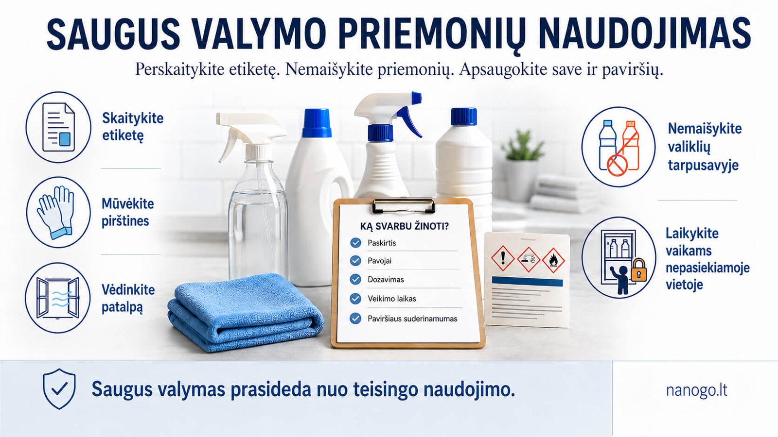 Informacinė iliustracija apie saugų valymo priemonių naudojimą