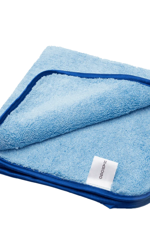 NANO GO Microfiber Loop Towel Premium Line blue loop towel with satin edge and NANOGO label