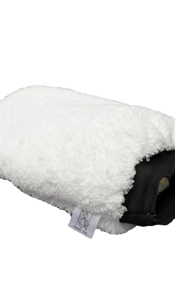 NANO GO Microfiber Wash Mitt white microfiber wash mitt with black elastic cuff and NANO GO label